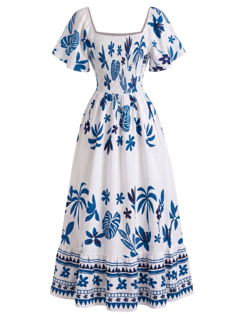 Robe bohème florale à col carré et manches papillon Années 1970