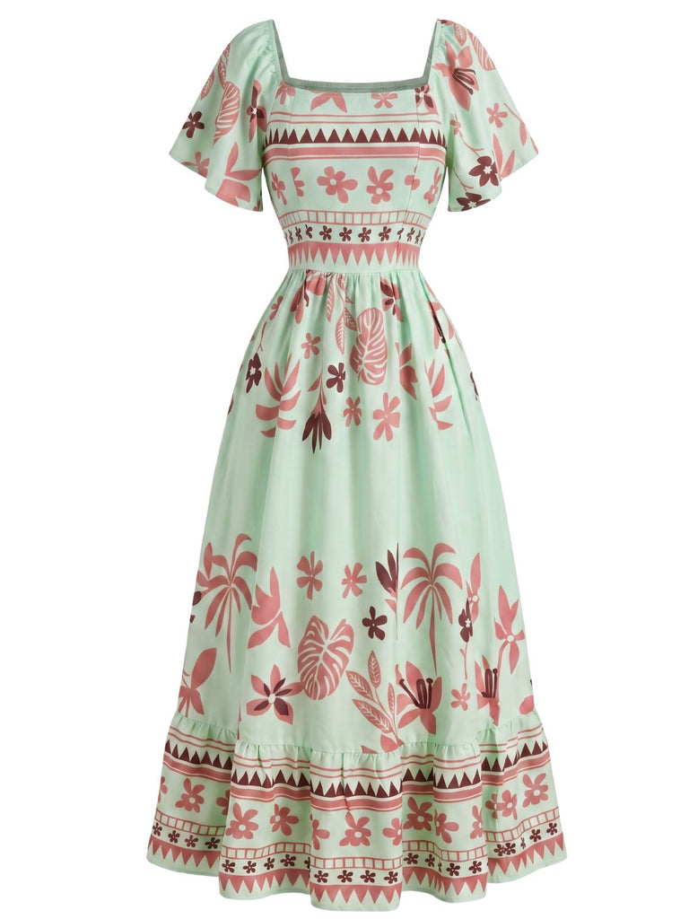 Robe bohème florale à col carré et manches papillon Années 1970
