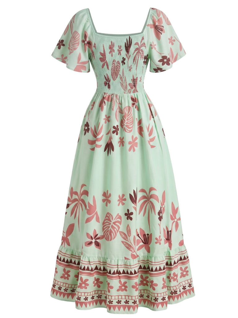 Robe bohème florale à col carré et manches papillon Années 1970