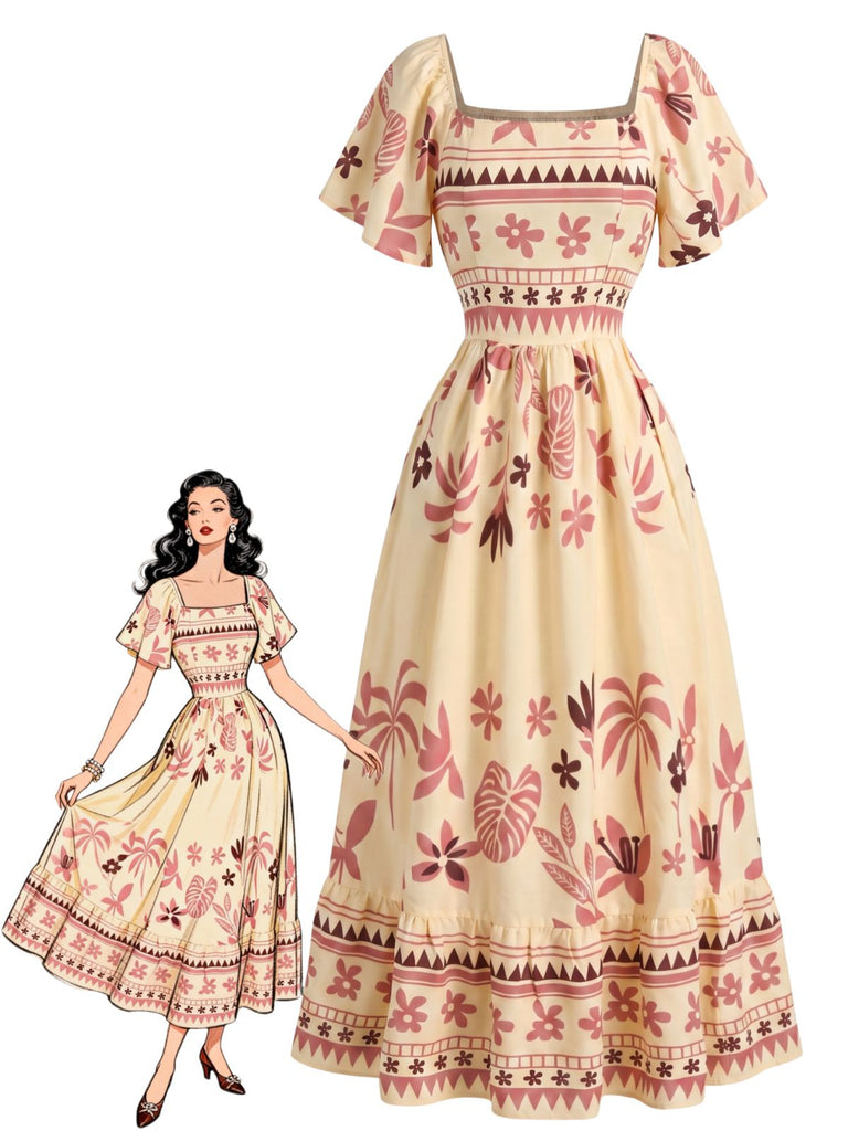 Robe bohème florale à col carré et manches papillon Années 1970