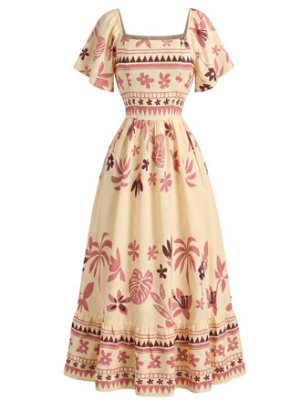 Robe bohème florale à col carré et manches papillon Années 1970