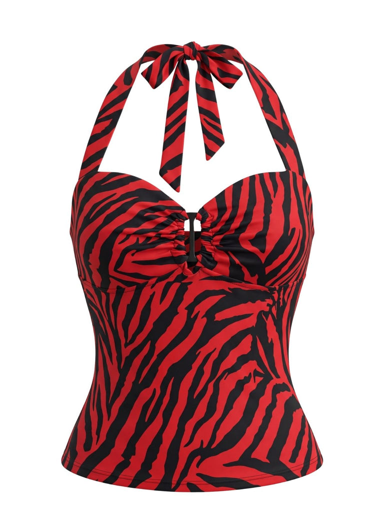 Haut rouge dos nu inspiré de Nikki à motif zèbre années 1970