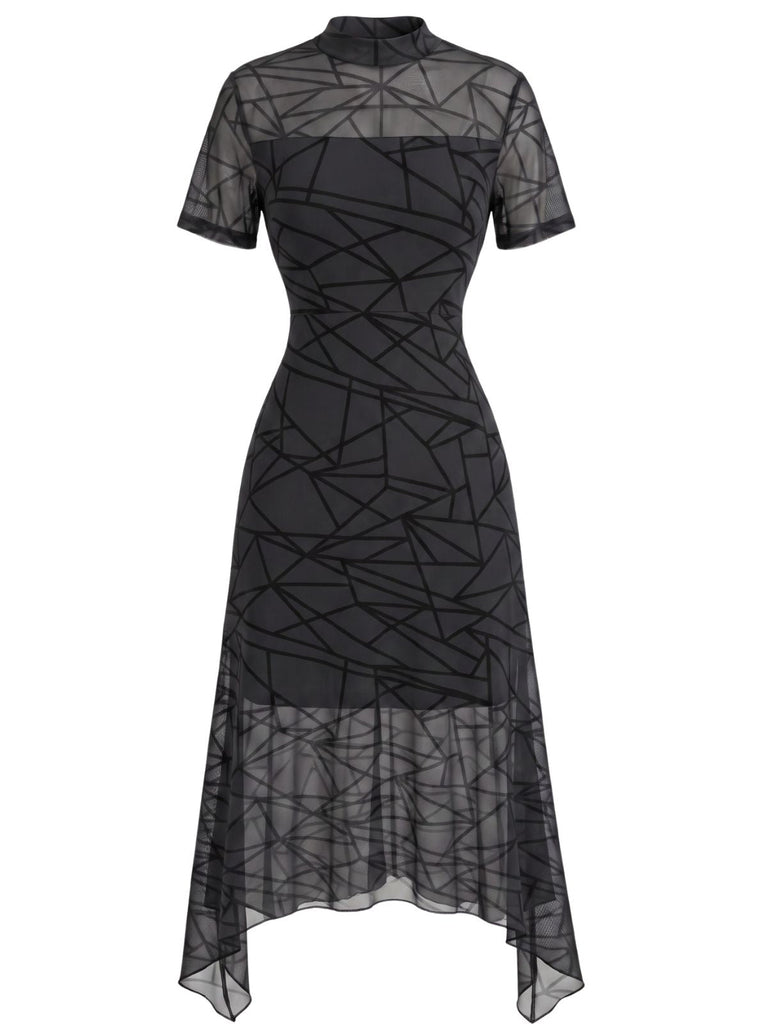 Robe gothique noire en tulle à toile d’araignée et empiècements années 1940