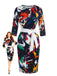 Robe crayon moulante multicolore à motif abstrait et ceinture années 1960