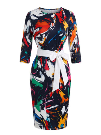 Robe crayon moulante multicolore à motif abstrait et ceinture années 1960