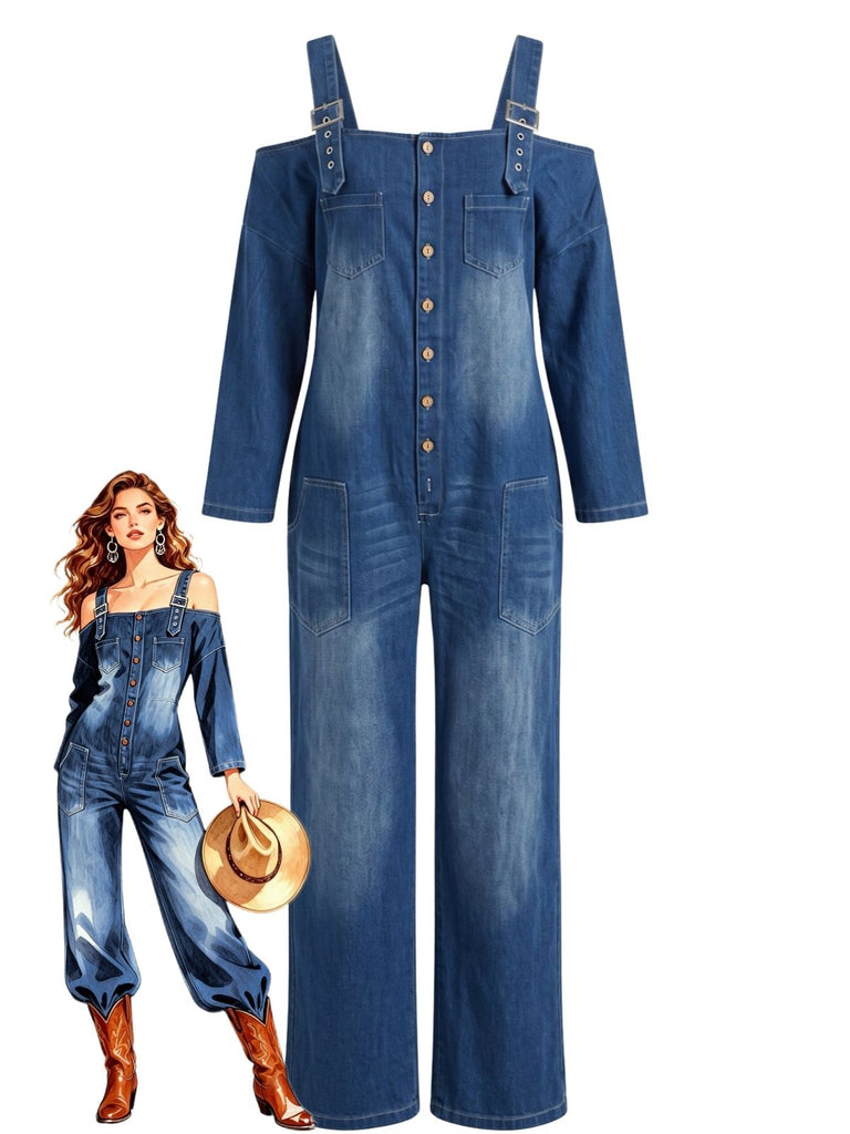 Combinaison longue en denim à épaules dénudées et poches années 1940