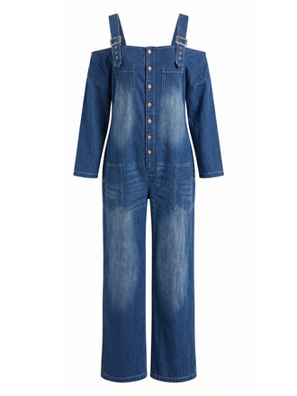 Combinaison longue en denim à épaules dénudées et poches années 1940
