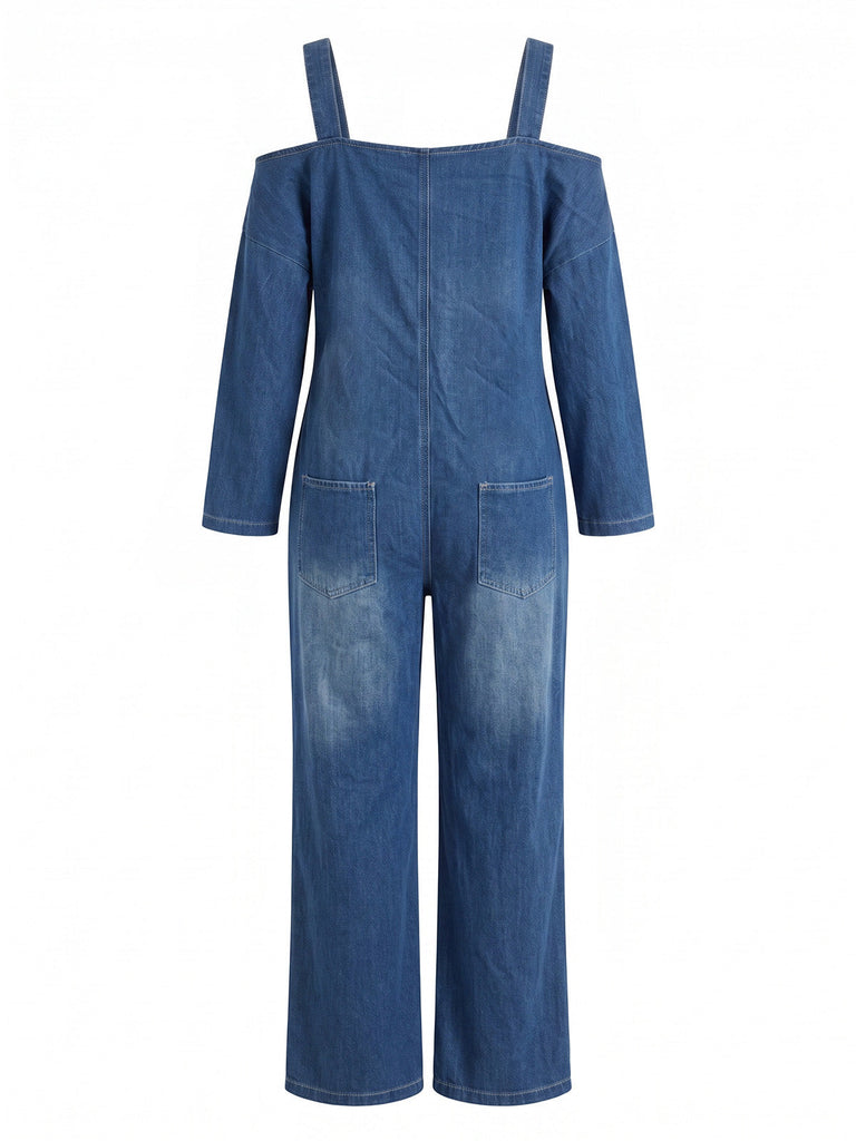 Combinaison longue en denim à épaules dénudées et poches années 1940