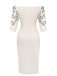 Robe beige moulante à fleurs et épaules dénudées années 1960