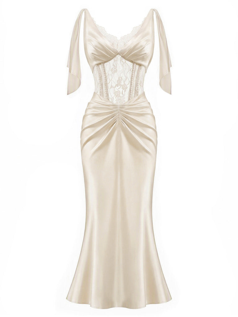 [Prévente] Nuisette longue champagne en satin à corset, dentelle et perles années 1930