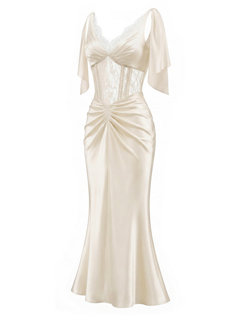 [Prévente] Nuisette longue champagne en satin à corset, dentelle et perles années 1930