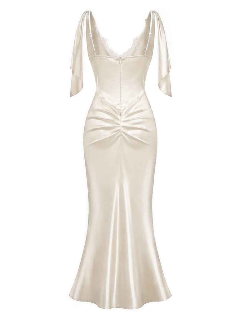 [Prévente] Nuisette longue champagne en satin à corset, dentelle et perles années 1930