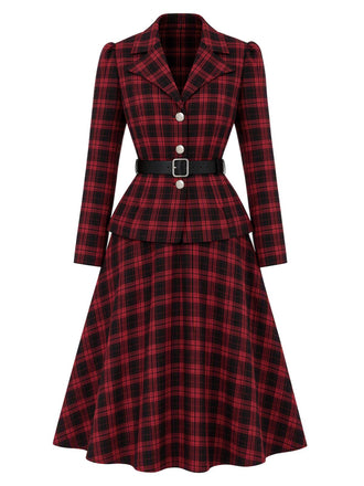 [Prévente] Ensemble deux pièces noir et rouge à carreaux, blazer cintré et jupe à ceinture années 1950 - 2
