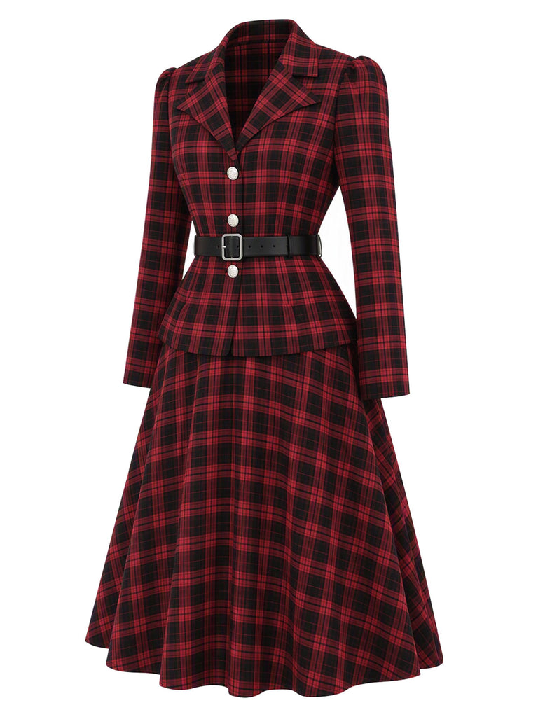 [Prévente] Ensemble deux pièces noir et rouge à carreaux, blazer cintré et jupe à ceinture années 1950 - 3