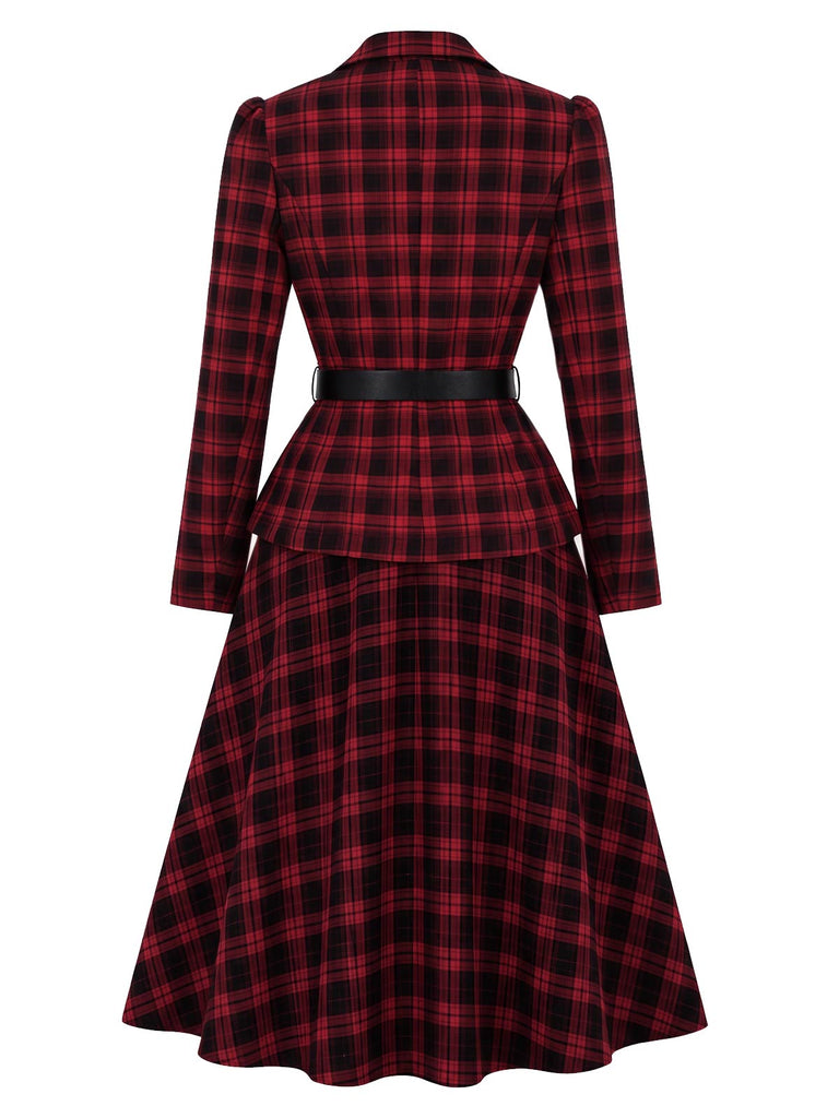 [Prévente] Ensemble deux pièces noir et rouge à carreaux, blazer cintré et jupe à ceinture années 1950 - 4