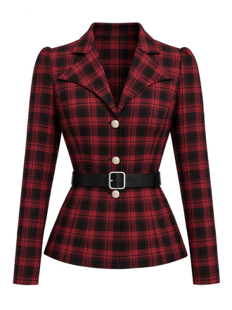 [Prévente] Ensemble 2PCS blouse à carreaux, revers et ceinture avec jupe années 1950