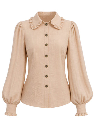 [Prévente] Blouse beige à col volanté, manches ballon et boutons années 1970 - 2