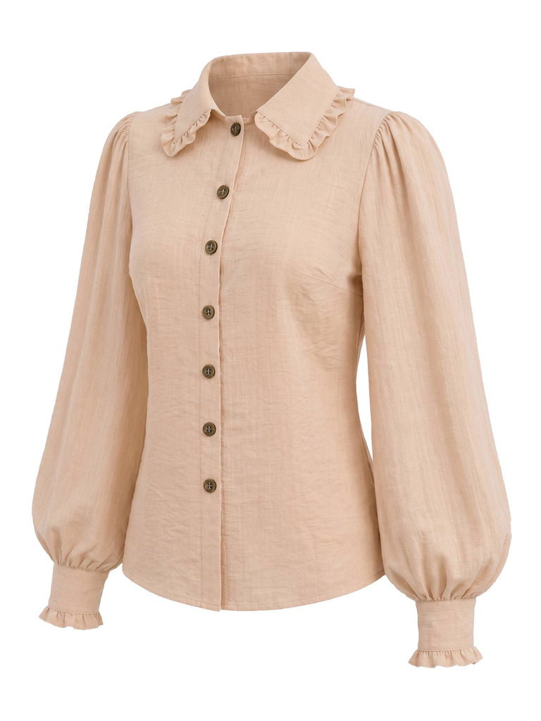[Prévente] Blouse beige à col volanté, manches ballon et boutons années 1970 - 3