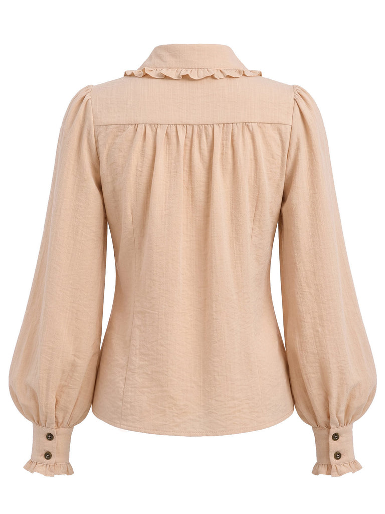 [Prévente] Blouse beige à col volanté, manches ballon et boutons années 1970 - 4