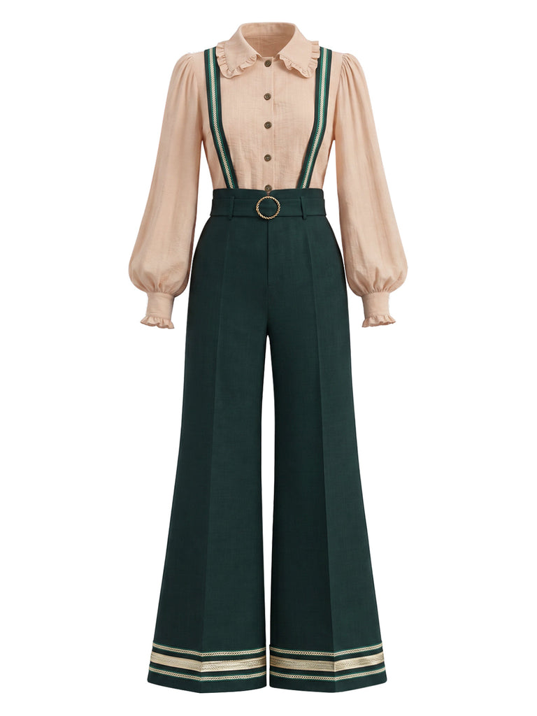 [Prévente] Ensemble deux pièces, blouse à manches ballon et pantalon à bretelles galonné années 1970 - 3