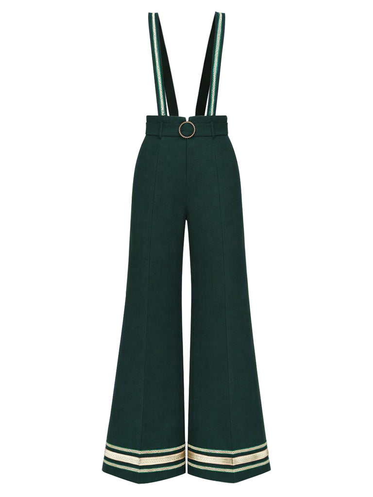 [Prévente] Ensemble pantalon à bretelles vert foncé, galon doré et ceinture années 1970 - 2
