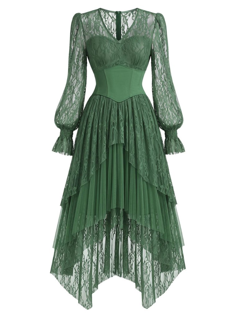 [Prévente] Robe asymétrique vert lac en dentelle et tulle superposé avec corset années 1970