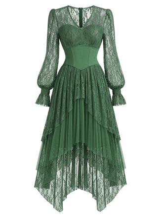 [Prévente] Robe asymétrique vert lac en dentelle et tulle superposé avec corset années 1970