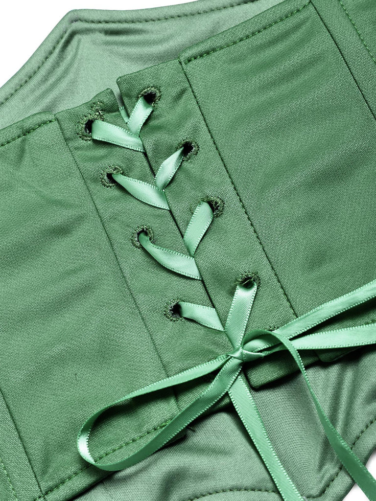 [Prévente] Robe asymétrique vert lac en dentelle et tulle superposé avec corset années 1970