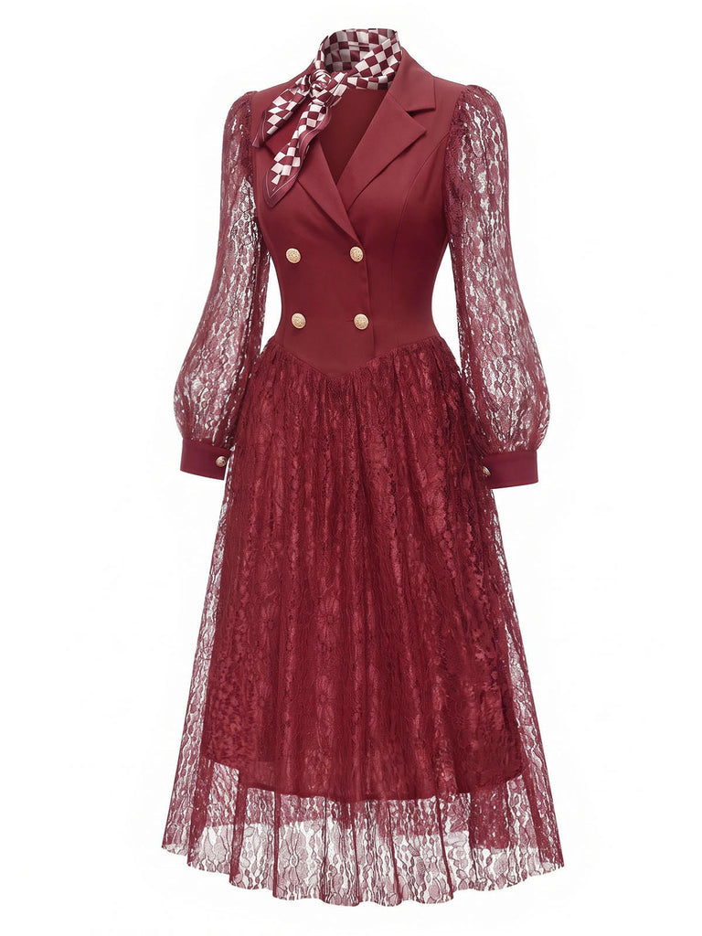 [Prévente] Robe à revers et double boutonnage avec écharpe en dentelle années 1970 - 3