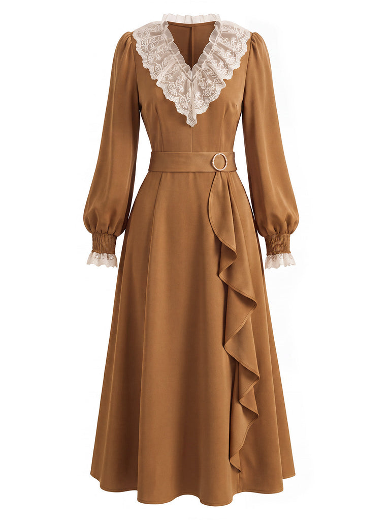 [Prévente] Robe marron en dentelle à col V, manches bouffantes et volants Années 1930 - 3