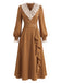 [Prévente] Robe marron en dentelle à col V, manches bouffantes et volants Années 1930 - 3