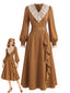 [Prévente] Robe marron col V manches bouffantes et volants détails dentelle années 30
