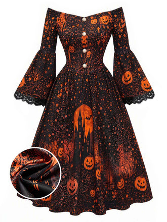 [Prévente] Robe noire d’Halloween imprimée à épaules dénudées et manches cloche années 1950