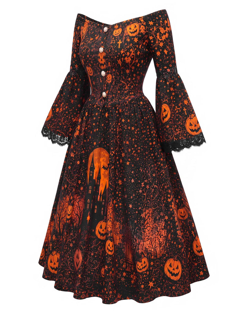 [Prévente] Robe noire d’Halloween imprimée à épaules dénudées et manches cloche années 1950