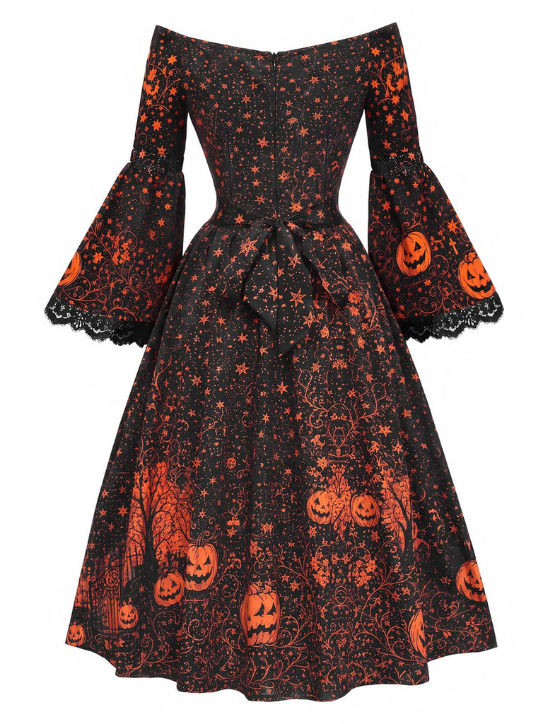 [Prévente] Robe noire d’Halloween imprimée à épaules dénudées et manches cloche années 1950