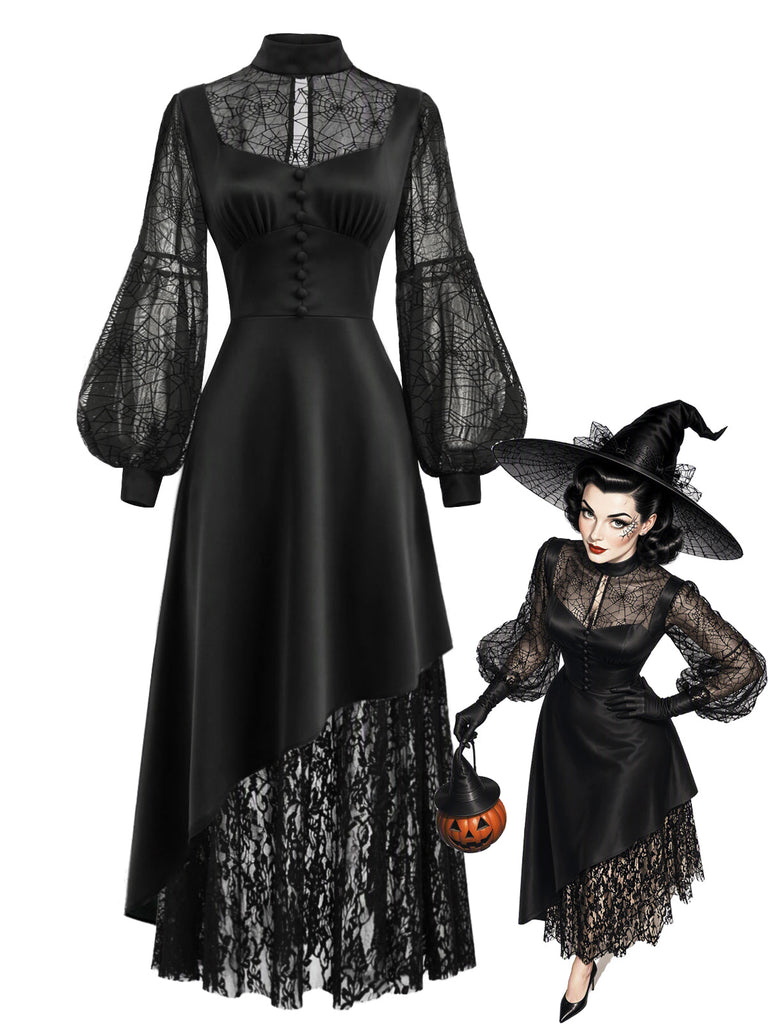[Prévente] Robe noire asymétrique en dentelle à toile d’araignée années 1930