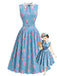 [Prévente] Robe bleue à fleurs, col en dentelle et ceinture années 1950