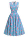 [Prévente] Robe bleue à fleurs, col en dentelle et ceinture années 1950