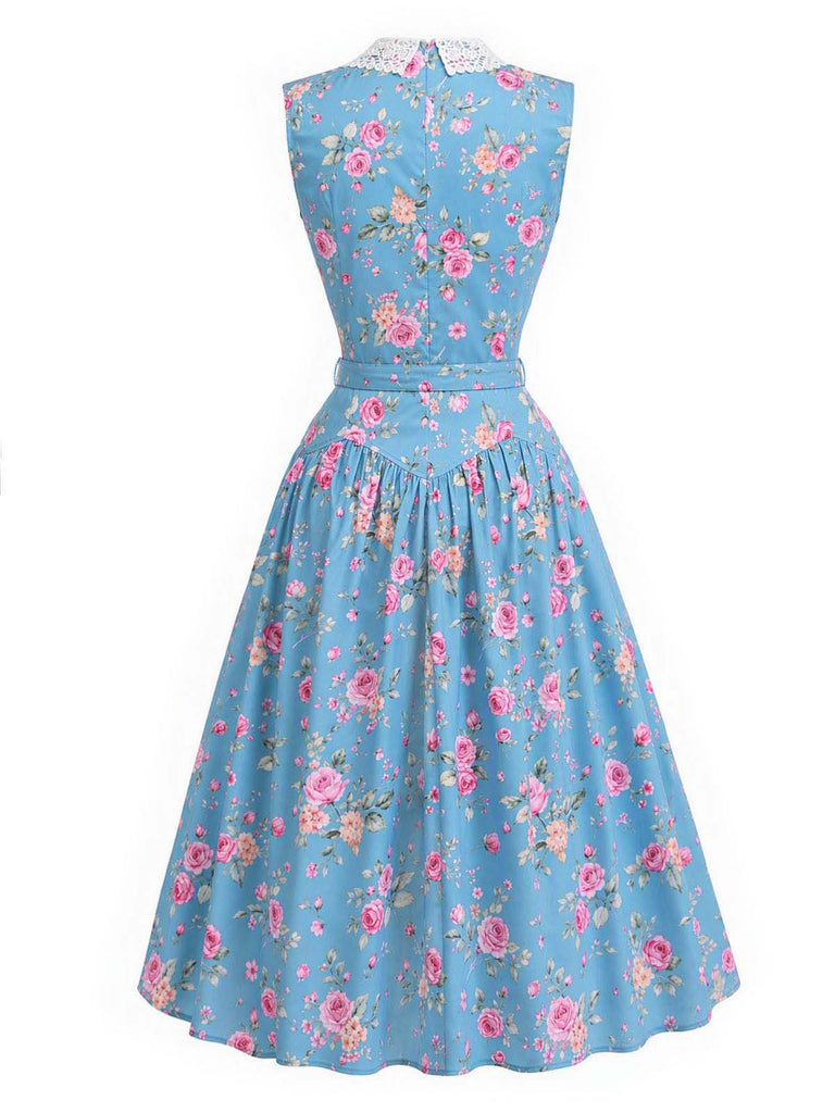 [Prévente] Robe bleue à fleurs, col en dentelle et ceinture années 1950