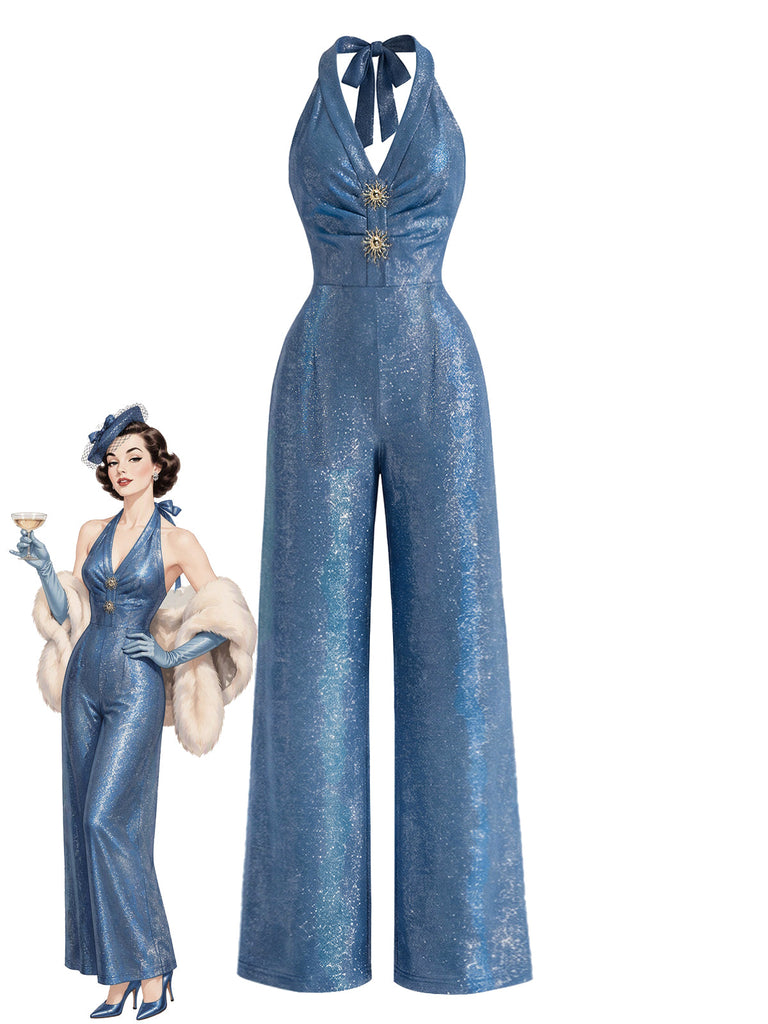 [Prévente] Combinaison bleue scintillante dos nu Halter, col V, boutons soleil et jambes larges années 1970