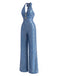 [Prévente] Combinaison bleue scintillante dos nu Halter, col V, boutons soleil et jambes larges années 1970