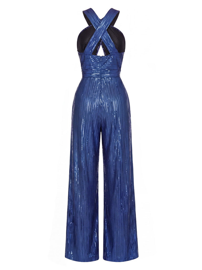 [Prévente] Combinaison bleue scintillante à perles, sequins, découpes croisées et jambes larges années 1970