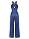 [Prévente] Combinaison bleue scintillante à perles, sequins, découpes croisées et jambes larges années 1970