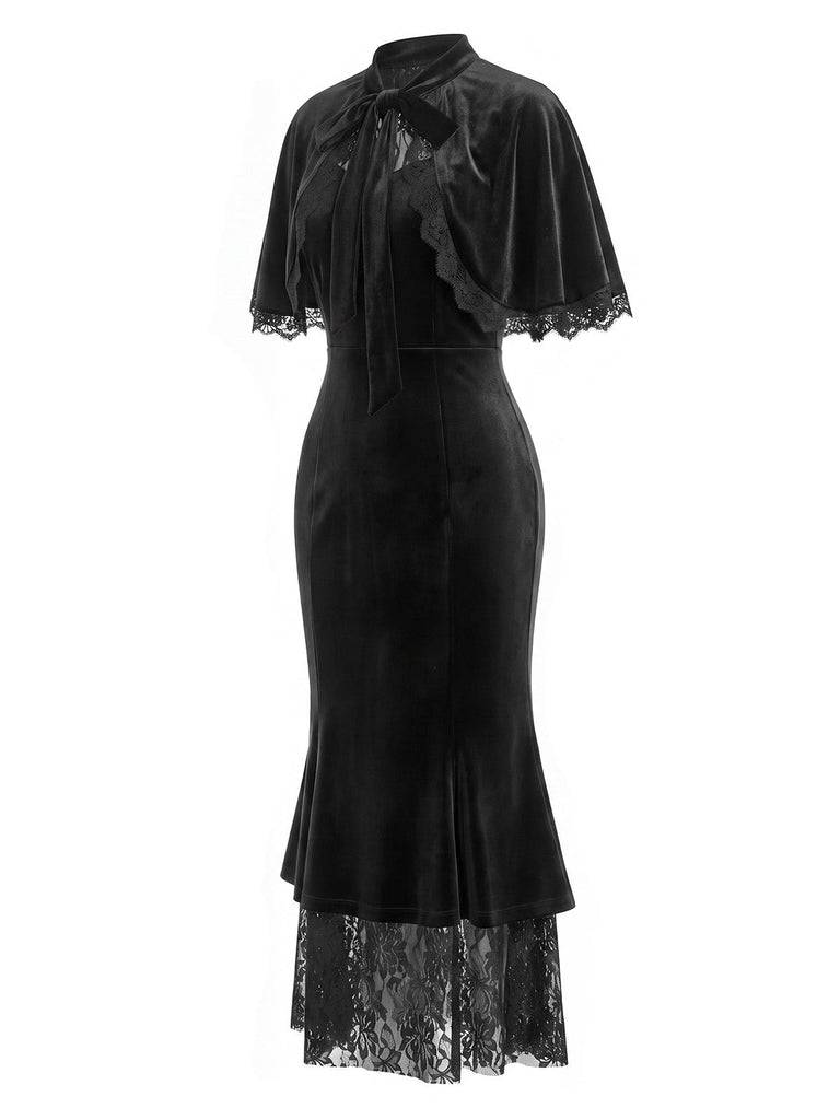 [Prévente] Robe sirène noire en velours et dentelle avec cape à volants Années 1930 - 3