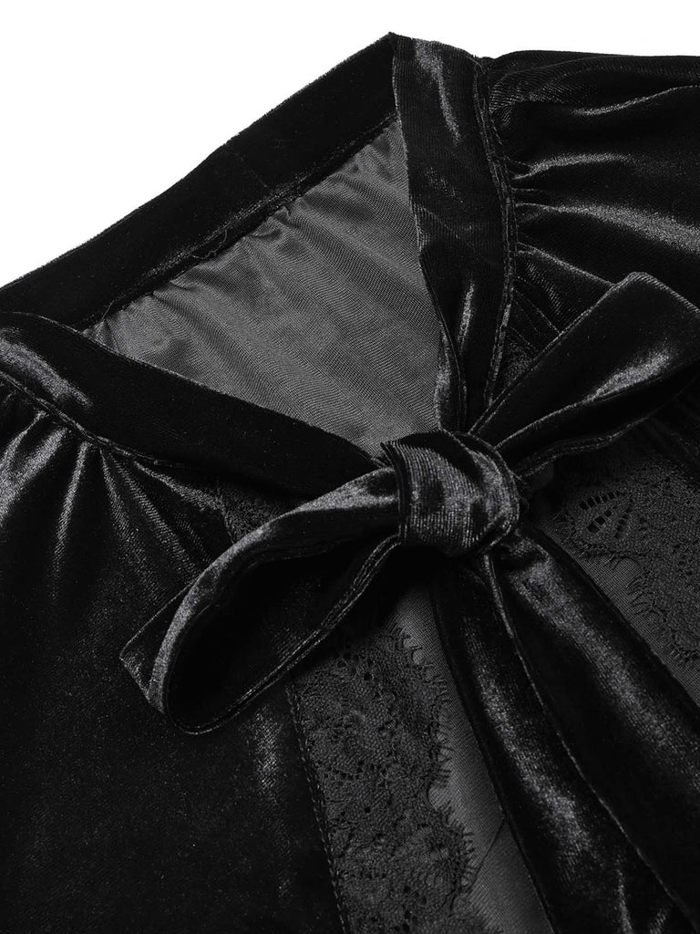 [Prévente] Robe sirène noire en velours et dentelle avec cape à volants Années 1930 - 9