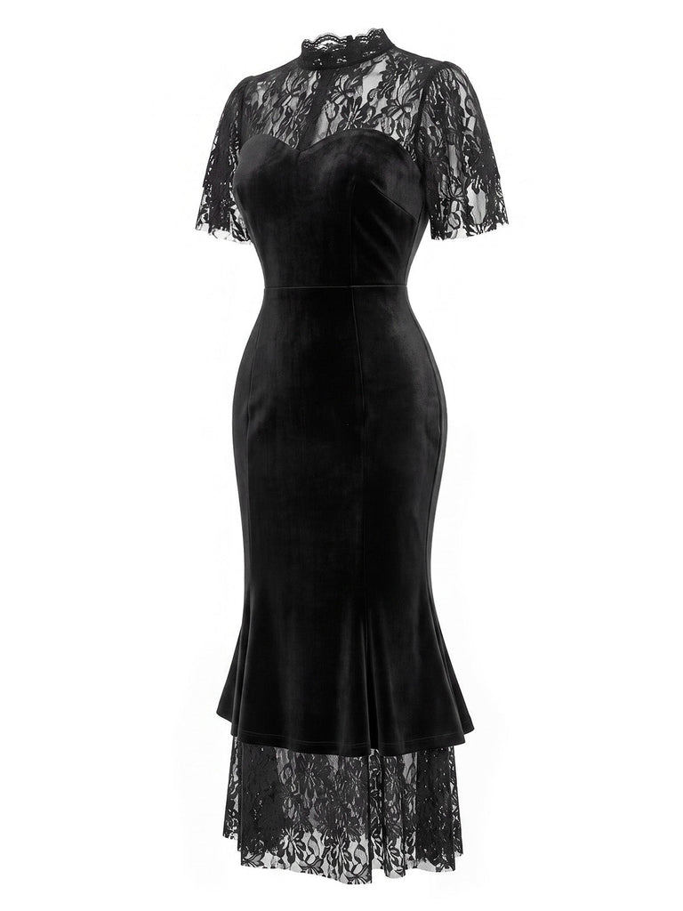 [Prévente] Robe sirène noire en velours et dentelle avec cape à volants Années 1930 - 7