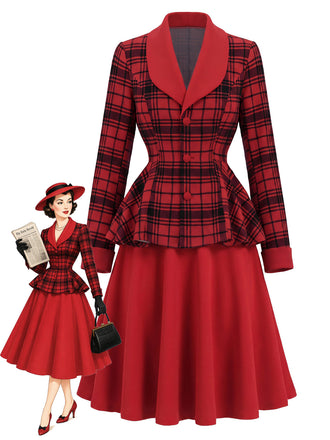 [Prévente] Ensemble deux pièces rouge, veste à col châle à carreaux et jupe unie années 1940 - 1