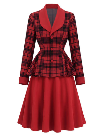 [Prévente] Ensemble deux pièces rouge, veste à col châle à carreaux et jupe unie années 1940 - 2