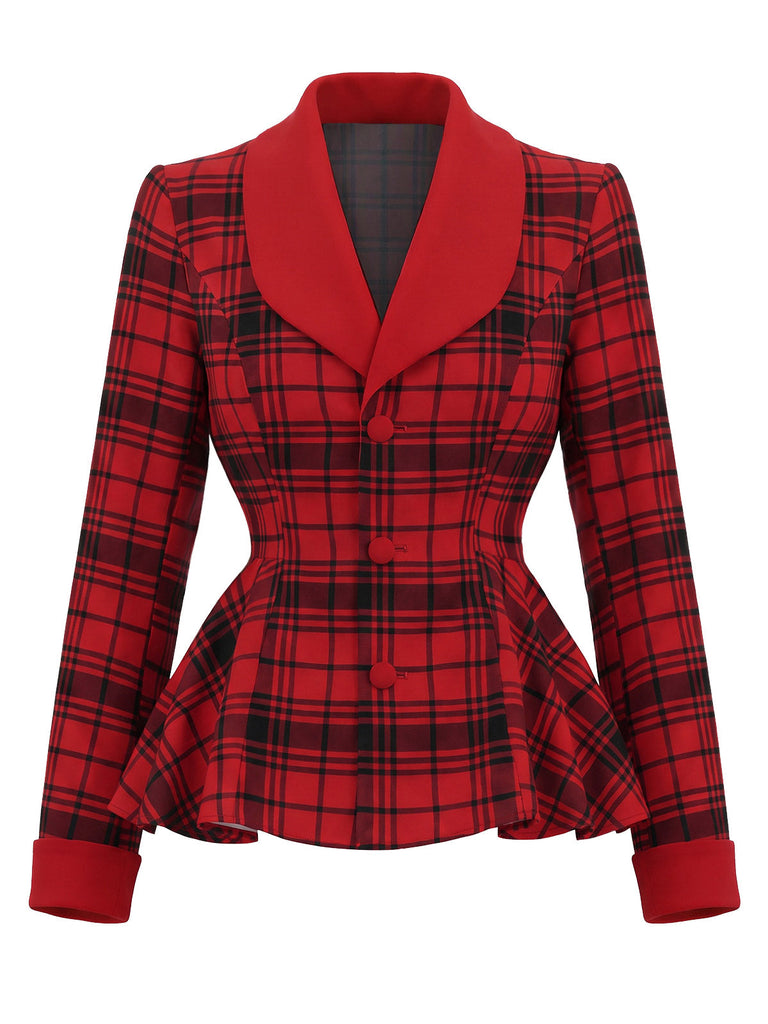 [Prévente] Ensemble deux pièces rouge, veste à col châle à carreaux et jupe unie années 1940 - 3