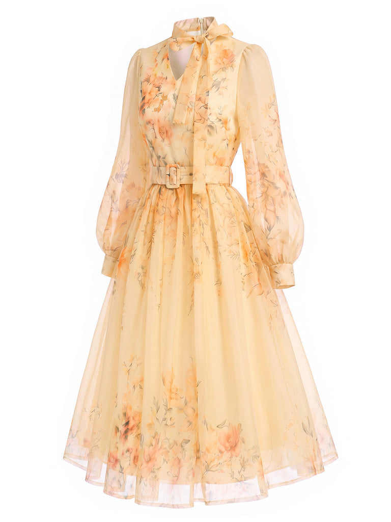 [Prévente] Robe orange en maille à fleurs, col V et manches ballon Années 1950 - 3